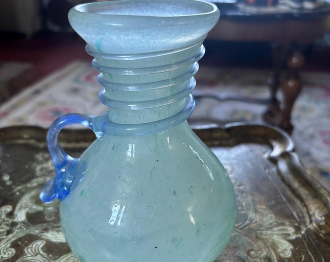 Vintage Murano Glass Jug Italian Art Glass Aqua Blue Applied Handle Label