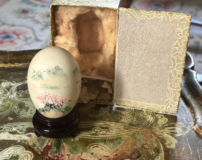 Vintage Chinese Hand Painted Eggshell Landscape Signed Art Egg Wooden Stand Box