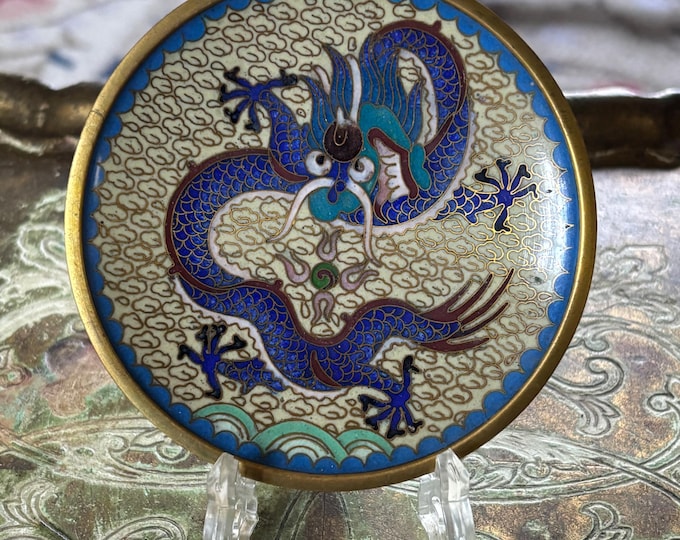Vintage Chinese Cloisonné Blue Dragon Dish Cream Cloud Enamel 10.5cm