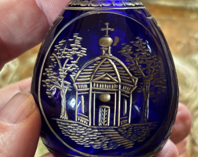 Vintage Russian Cobalt Blue Glass Egg, Fabergé Inspired, St Petersburg