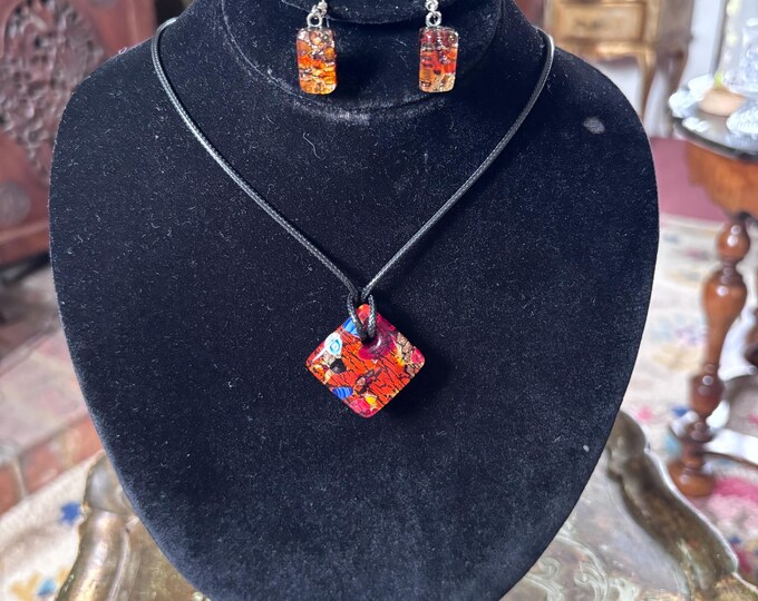 Vintage Murano Glass Pendant Necklace & Earrings Set Venetian Art Glass Jewellery