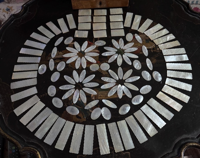 Antique Mother of Pearl Gaming Counters, Regency Tunbridge Ware Box (c1820-1840)