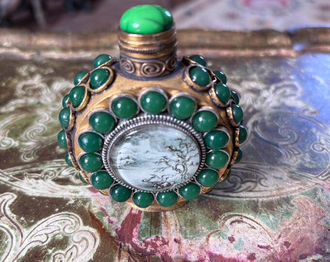 Vintage Chinese Snuff Bottle Hand Painted Landscape Panels Green Cabochon Decorated Gilt Metal Bottle