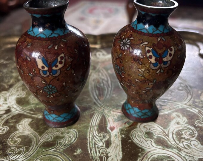 Antique Japanese Cloisonné Vase Pair Meiji Period c1890 Butterfly Floral 9.5cm