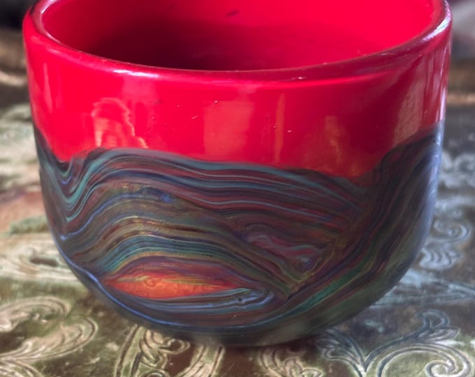 Signed Phoenician Malta Art Glass Vase: Ruby Red Iridescent Hand Blown Studio Glass
