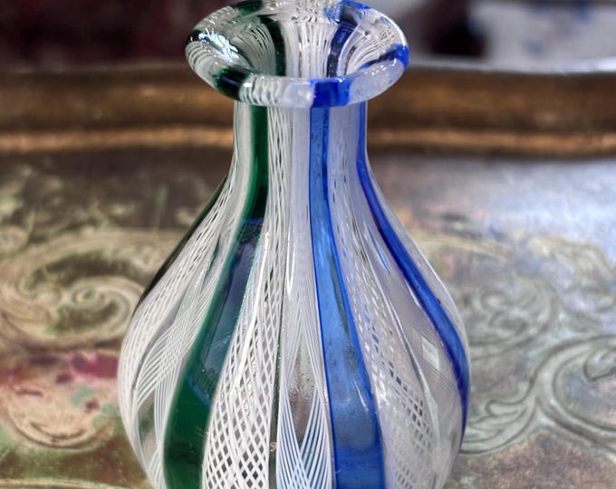Vintage Murano Style Latticino Glass Bud Vase Blue Green Hand Blown Italian Attributed