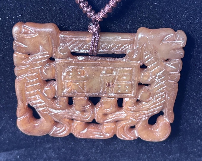 Vintage Chinese Dragon Carved Stone Pendant Necklace, Adjustable Cord, Serpentine Soapstone Style