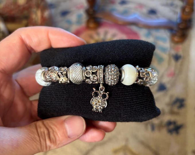 Murano Glass Charm Bracelet, White Beads, Owl Charm, 925 Silver Core Italy