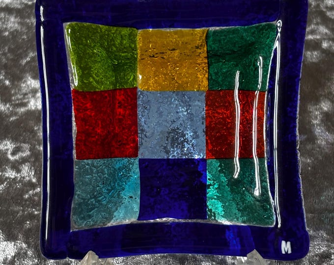 Attributed To Ercole Moretti Murano Fused Glass Dish | Colorful Geometric Mosaic Trinket Bowl
