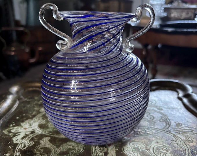 Vintage Murano Venetian Glass Vase Blue White Aventurine Spiral Twin Handles