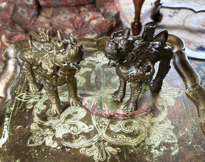 Antique Chinese Bronze Qilin Pair Late Qing c1890 Kylin Mythical Beasts 12cm