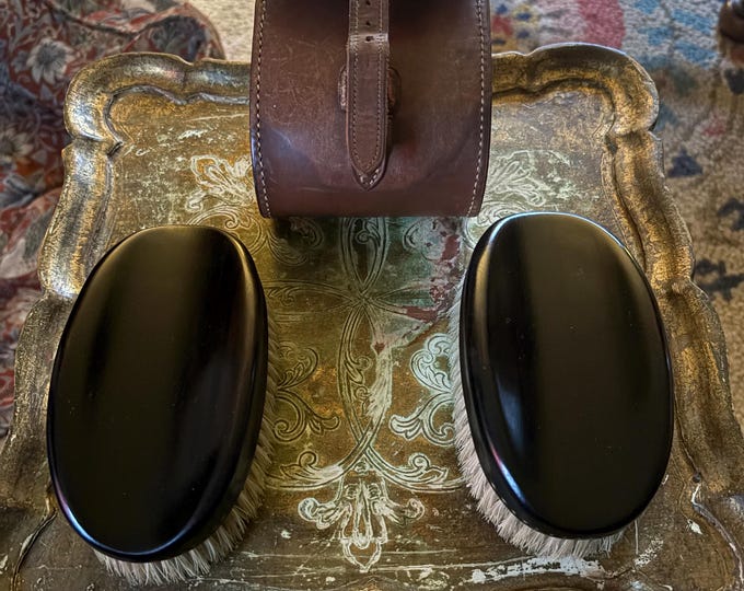 Vintage Real Ebony Gentleman’s Grooming Brushes Leather Travel Case c.1920s