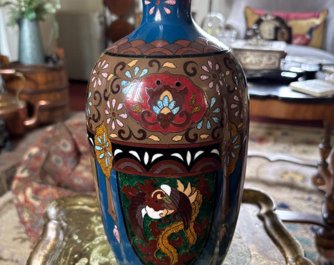 Antique Japanese Meiji Cloisonné Vase Phoenix & Floral Panels c.1880 30cm