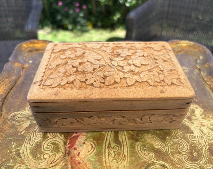 Vintage Hand Carved Wooden Jewellery Box Floral Vine Folk Art Trinket Box