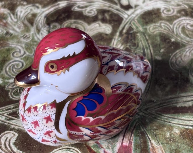 Royal Crown Derby Swimming Duckling Paperweight | Imari Style Bone China Bird Figurine (Boxed)