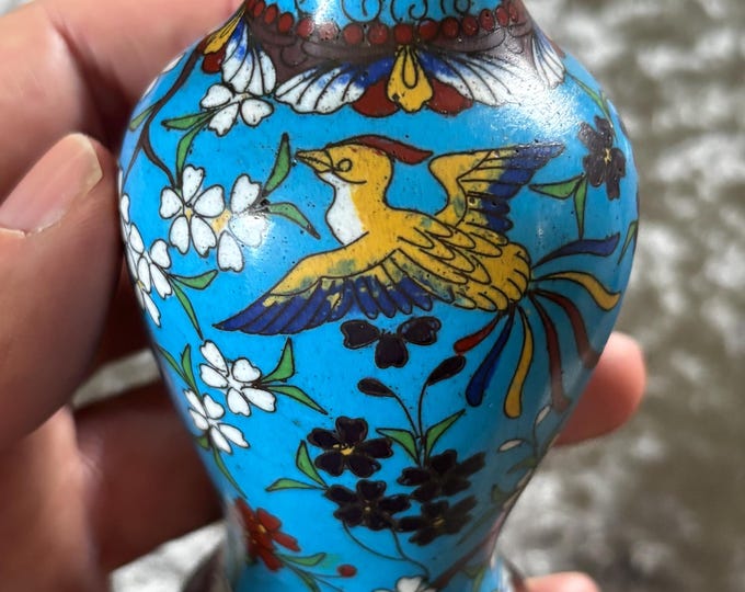 Antique Japanese Meiji Cloisonné Vase: Cherry Blossom, Birds, Turquoise Enamel (11cm)