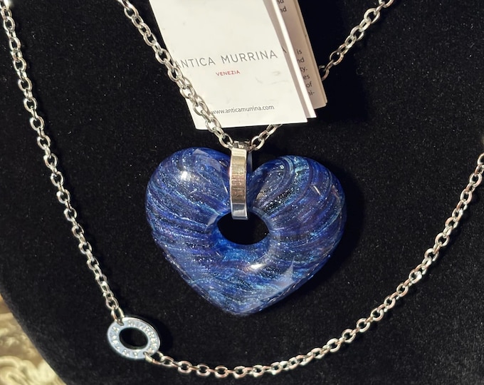 Antica Murrina Venezia Statement Blue Murano Glass Heart Necklace Italian Art Glass