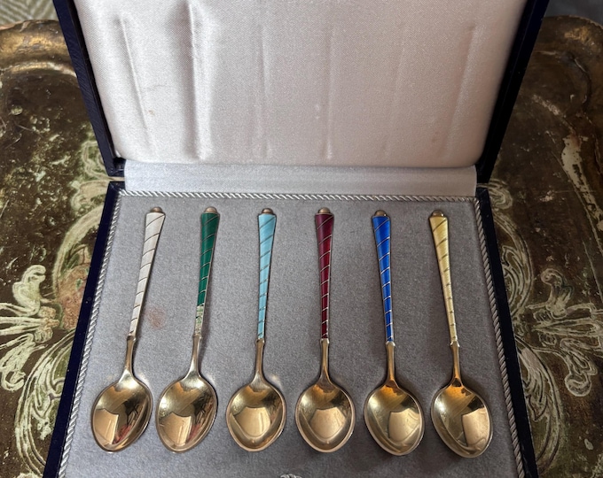 Vintage ELA Denmark Sterling Silver Guilloché Enamel Spoons Set (6) Scandinavian Danish
