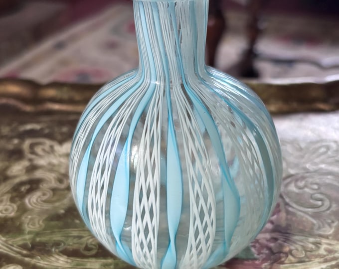 Vintage Murano Style Zanfirico Filigrana Art Glass Bud Vase Blue White 11cm