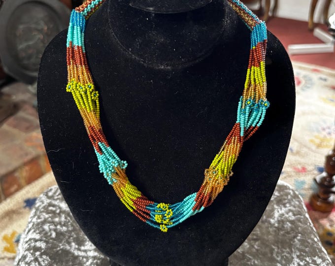 Handwoven Glass Seed Bead Multi Strand Necklace | Native American Style Tribal Beadwork | Artisan Boho Statement Necklace | Folk Art Jewelle