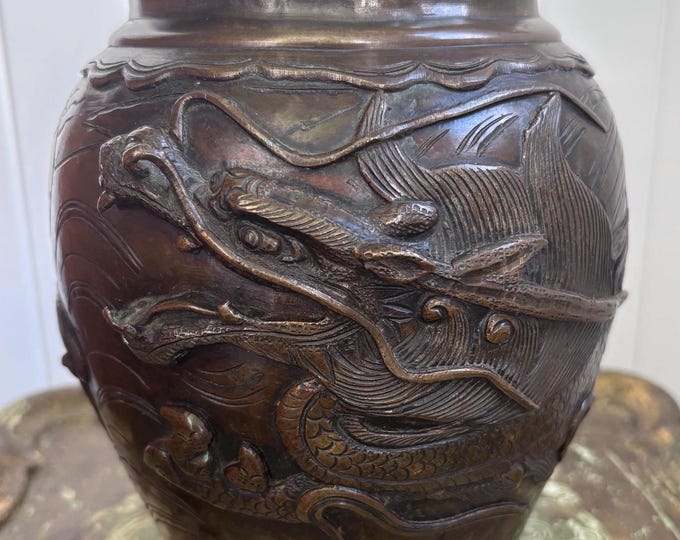Antique Japanese Bronze Dragon Vase | Meiji Period Hand-Chased Relief (20cm)