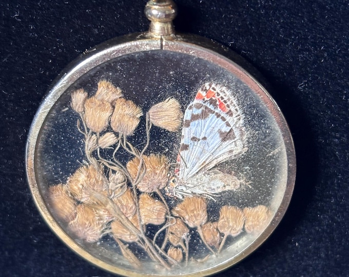 Vintage Butterfly Wing Dried Flower Pendant Necklace (5cm), Cottagecore Boho Jewellery