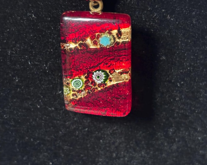 Signed Murano Glass Pendant Necklace Red Millefiori Gold Foil Venetian Art Glass