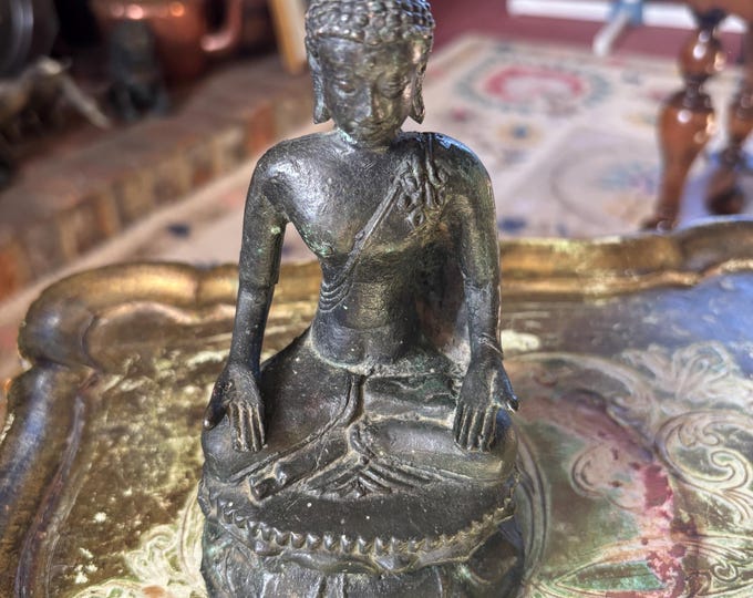 Antique Thai Bronze Buddha Statue 19th Century Seated Lotus Northern Thailand Buddhist Figure