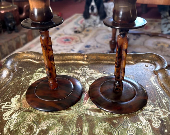 Art Deco Faux Tortoiseshell Candlesticks Pair c1920s Amber Candle Holders
