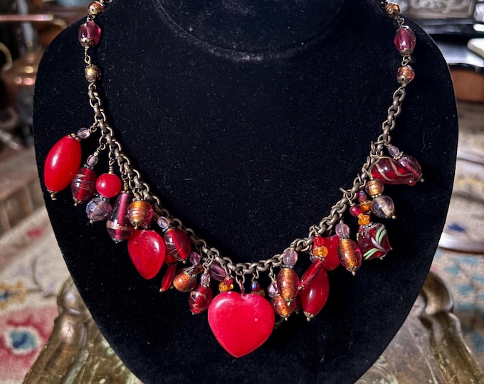 Antica Murrina Attributed Murano Glass Charm Necklace Red Heart Venetian Glass 51cm
