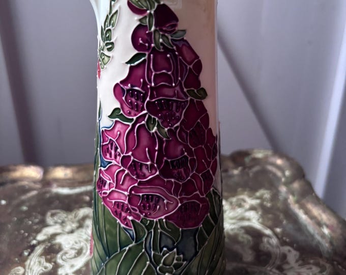 Vintage Moorcroft Foxglove Ewer Vase by Rachel Bishop | English Art Pottery | Signed & Boxed | 24cm Floral Ceramic