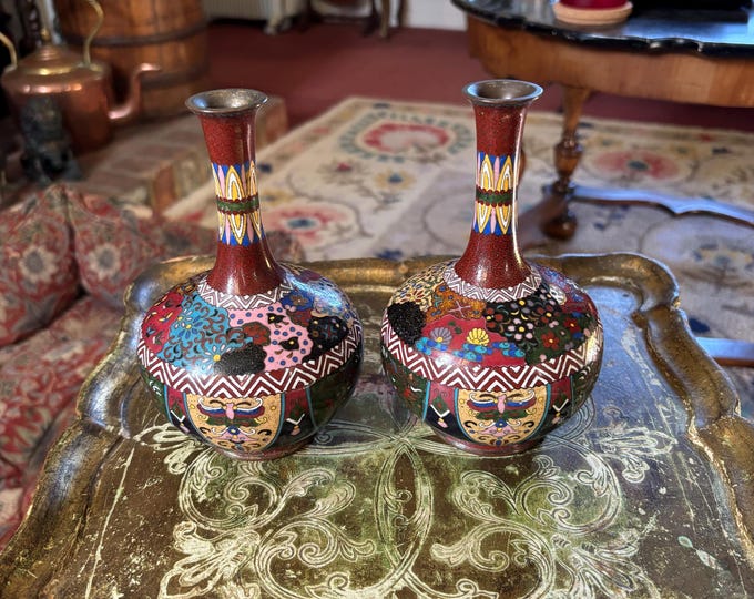 Pair Antique Japanese Cloisonné Vases Meiji Period c.1880–1900 Fine Enamel