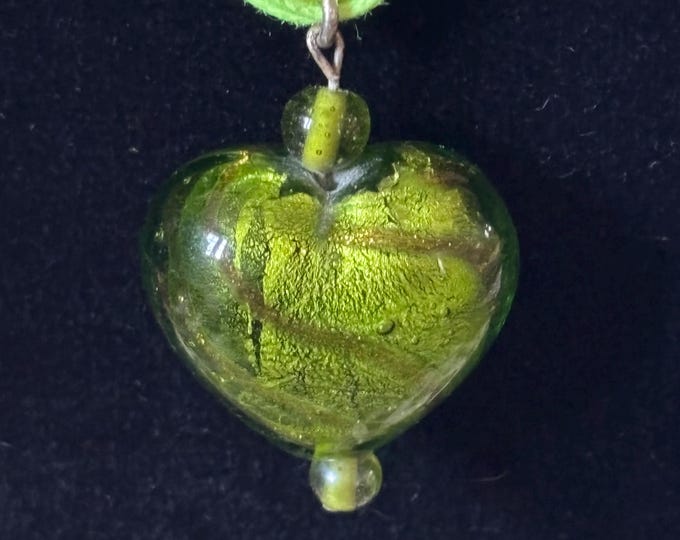 Green Foil Glass Heart Pendant Necklace | Venetian Murano Style, Gold Foil, Ribbon Cord