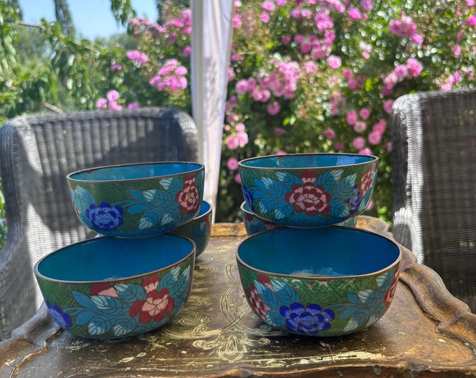 Set of 6 Chinese Cloisonné Enamel Bowls, Turquoise Floral Mid Century Asian Decorative Enamelware