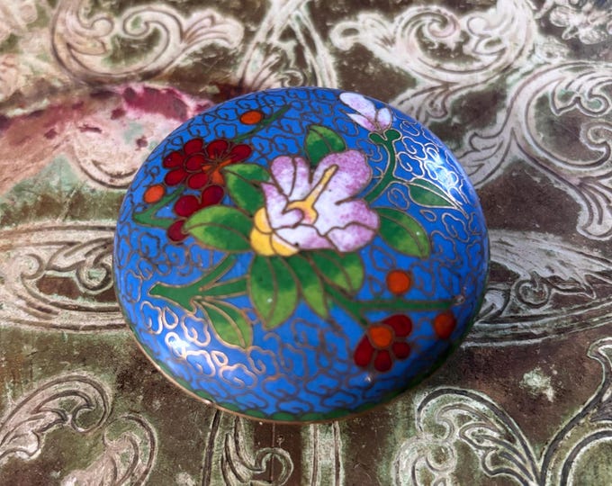 Vintage Chinese Cloisonné Enamel Trinket Box Floral Lidded Jewellery Pot Blue 7cm