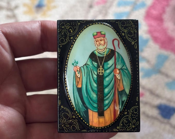 Vintage Russian Lacquer Box St Patrick Hand Painted Signed Miniature Trinket Box Palekh Style