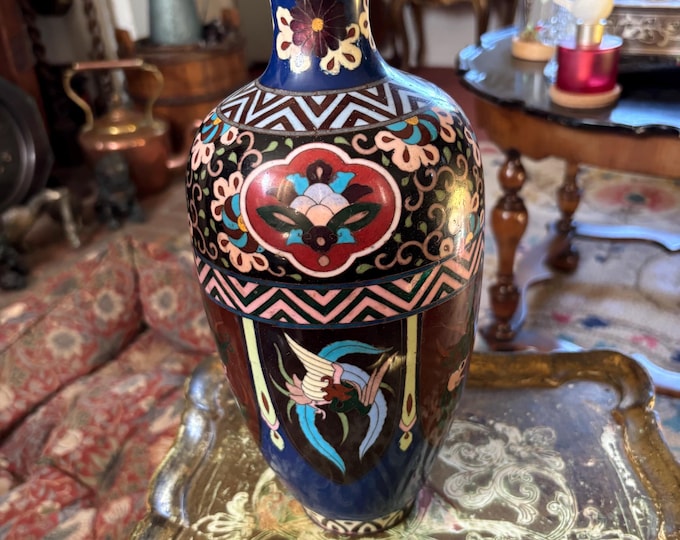 Antique Japanese Meiji Cloisonné Vase Phoenix & Floral Panels c.1880 30cm