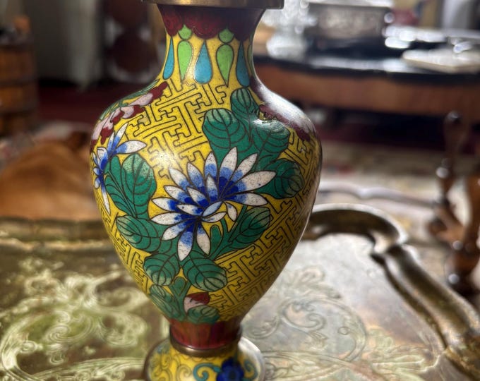 Antique Chinese Cloisonné Vase c.1900-1930 Floral Yellow Ground 16.5cm