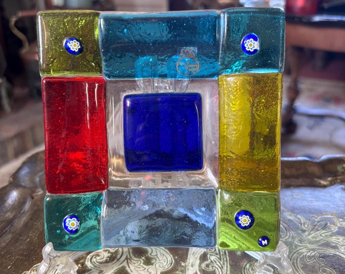 Ercole Moretti Murano Glass Plaque Signed M Cane Millefiori Art Glass Panel Italy 12cm