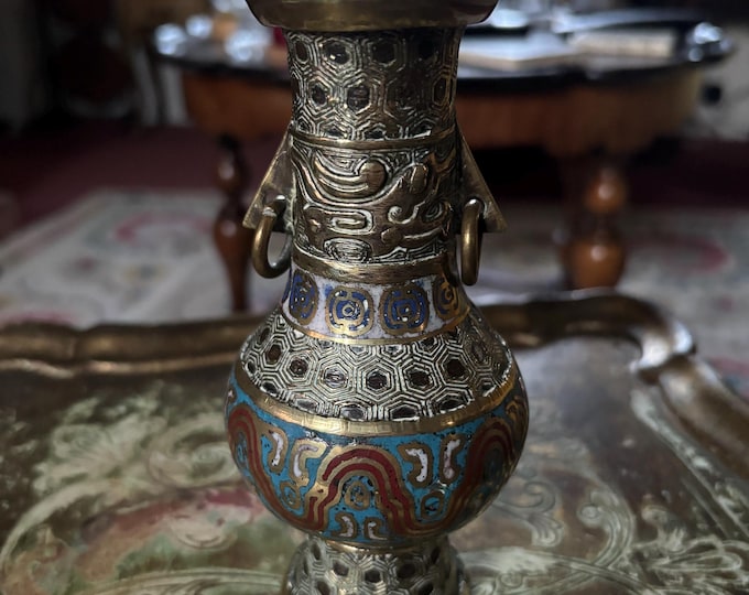 Antique Chinese Champlevé Enamel Bronze Vase | Archaistic Ring Handle, Late Qing