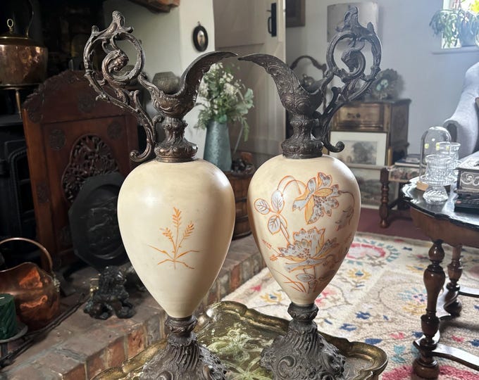 Antique Porcelain Ewers Pair 48cm | Ornate Patinated Metal Mounts | Victorian Edwardian Style | Continental Decorative Vases