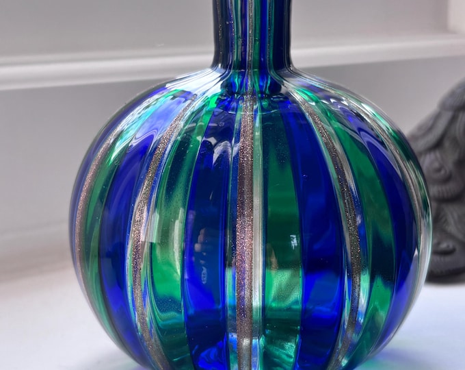 Vintage Murano Style Art Glass Vase: Blue Green Aventurine Globe Bottle