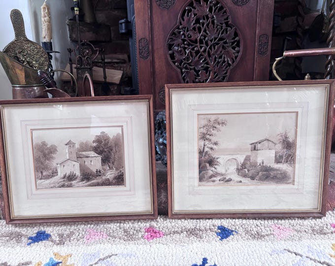 Vintage Pair Original Sepia Watercolour Paintings European Architectural Landscapes Framed