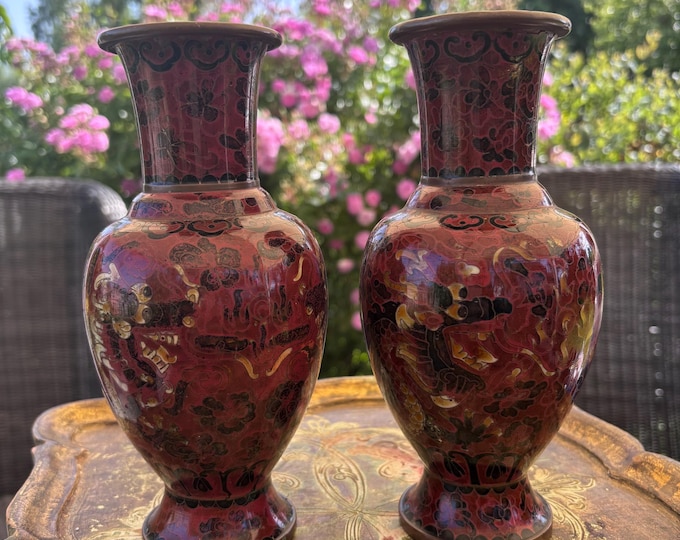 Vintage Chinese Cloisonné Dragon Vases Pair Red Enamel Copper Brass Chinoiserie Decor