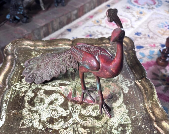 Vintage Bronze Peacock Sculpture | Mid Century Modern Cast Metal Bird Statue