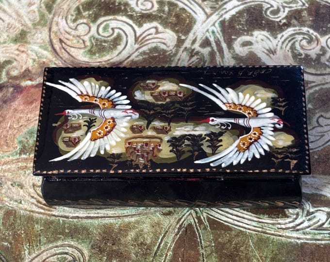 Vintage Kholuy Russian Lacquer Box Signed Hand Painted Cranes Miniature