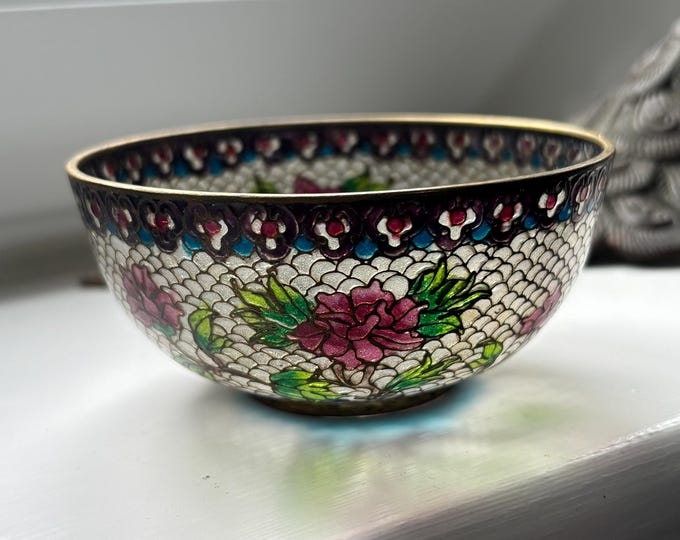 Antique Japanese Plique-à-Jour Cloisonné Enamel Bowl Peonies Meiji Taisho