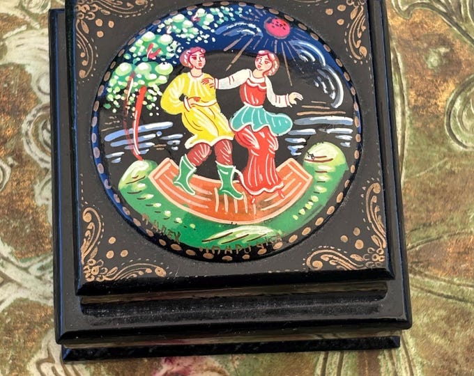 Vintage Russian Lacquer Double Box Hand Painted Folk Art Miniature 7cm Trinket Box