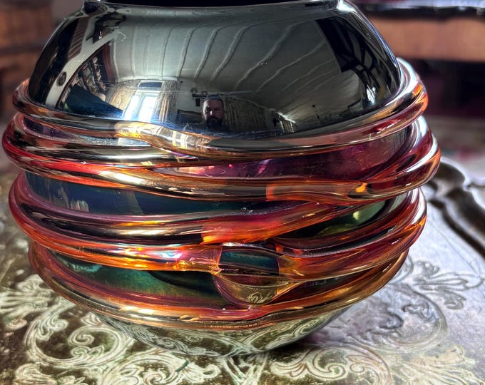 Vintage Black Cased Glass Vase: Applied Cranberry, Amber Trails – Hand Blown Art Glass