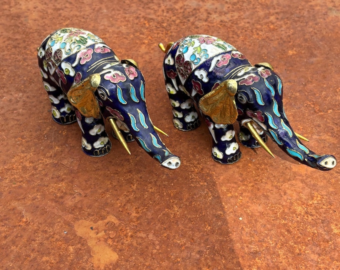 Pair of Vintage Chinese Cloisonné Elephants – Blue Enamel Brass Figures – Floral Asian Decor – 18.5cm